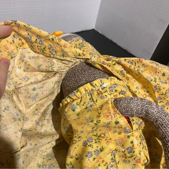 Vintage Handmade Female Girl Sock Monkey Doll With Yellow Dress And Earrings - Picture 7 of 8